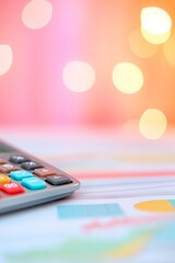 Bright Financial Analysis Calculator on Colorful Graphs with Bokeh Background