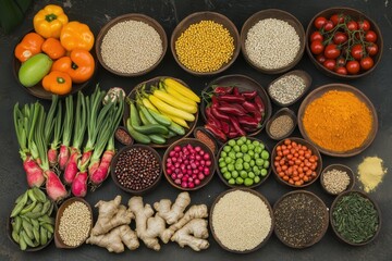 Colorful array of fresh vegetables, grains, and spices in bowls.
