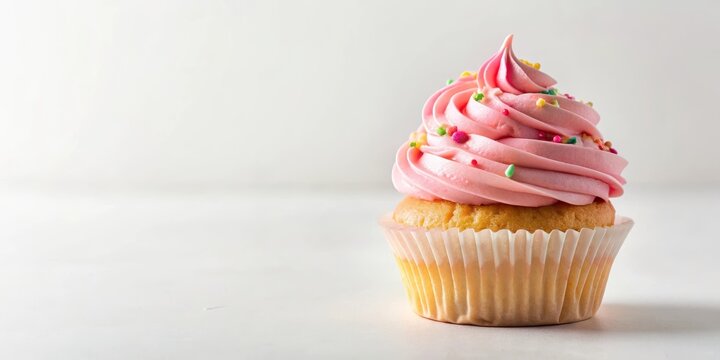 Pastel pink cupcake with swirled white frosting and sprinkles on a plain white background , cake, festive