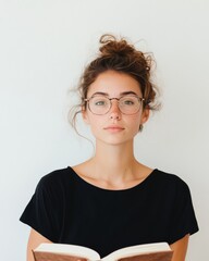 Fototapeta premium Focused Young Woman Reading in Minimalist Setting with Creative Ambience
