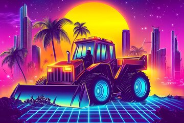 A neon-lit bulldozer with glowing blades pushes debris under a vibrant retrowave sunset, with a futuristic cityscape and glowing grid lines in the background