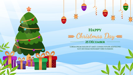 Christmas illustration with Christmas tree, gifts, Santa Claus and snowman