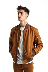 Stylish Young Man in Brown Bomber Jacket