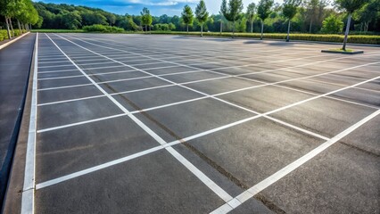 Empty parking lot with white lines painted on asphalt surface, desolate, vacant, abandoned, unoccupied, empty, isolated