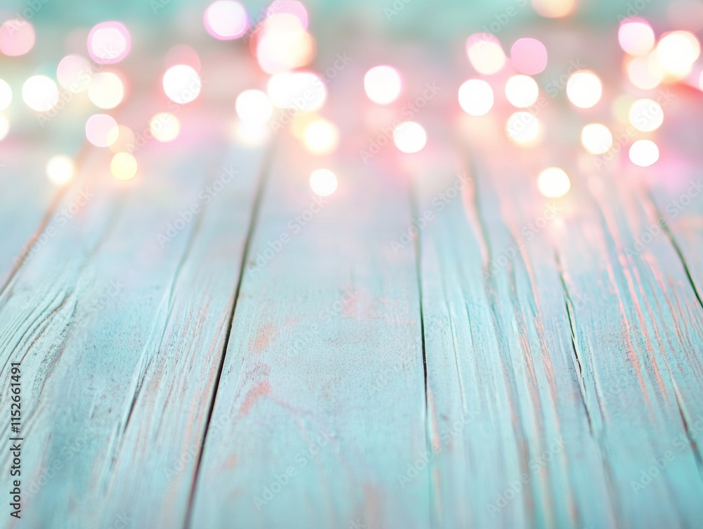 Poster vibrant blurred lights reflecting on rustic wooden surface in artistic bokeh style