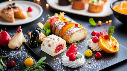 Delicious Pastry Assortment with Fresh Fruit Garnishes