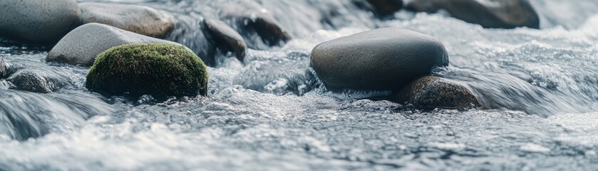 Closeup of smooth rocks in a crystalclear stream, nature's beauty smooth