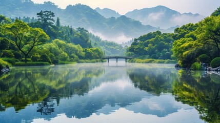Tranquil lake with bridge and mountains, misty morning.
