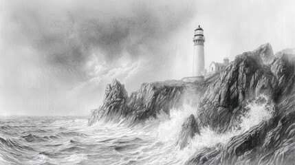 A dramatic seascape featuring a lighthouse on rugged cliffs with crashing waves.