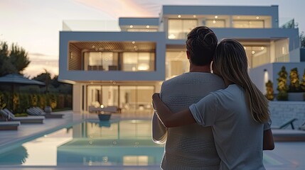 Couple admiring their new modern luxury home and pool at sunset.