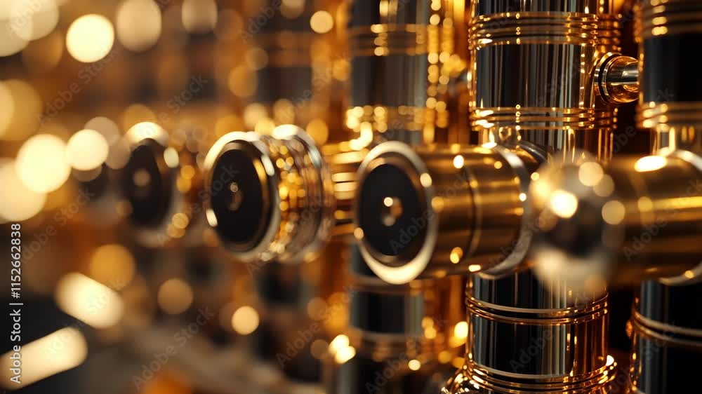 Aufkleber close-up view of intricate golden mechanical components reflecting light in a workshop environment