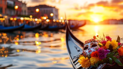 Fototapeta premium Venetian Gondola Sunset with Carnival Mask and Flowers