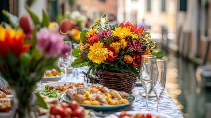 Vibrant Floral Centerpiece at Venetian Canalside Feast