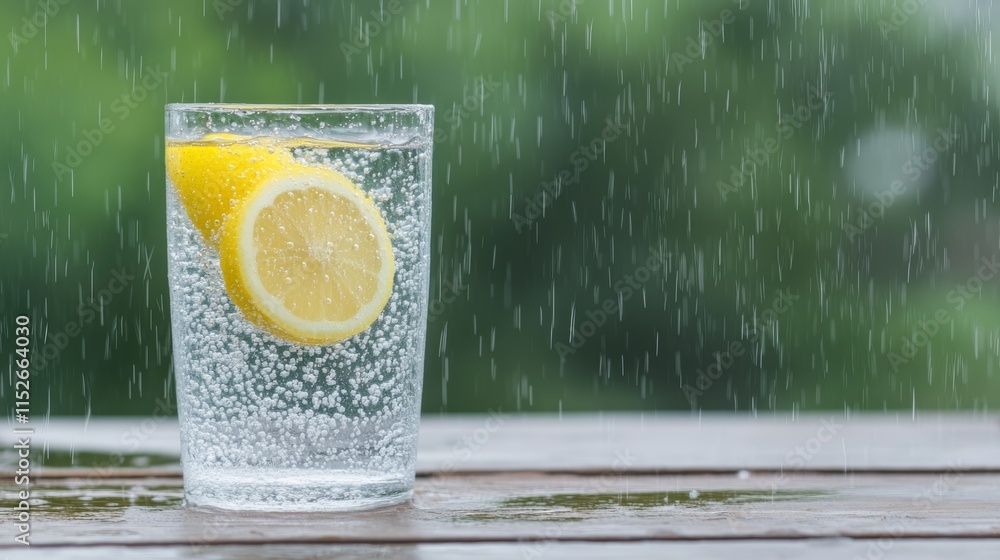Poster glass of refreshing lemon water with a citrus slice on table refreshing