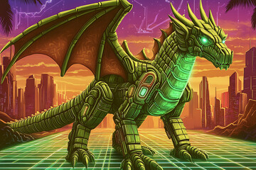 A glowing neon green wooden dragon, carved in intricate detail, set against a dark retrowave background with vibrant synthwave colors and luminous accents