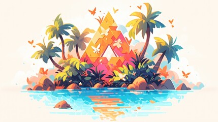 Obraz premium Tropical island, geometric structure, butterflies.