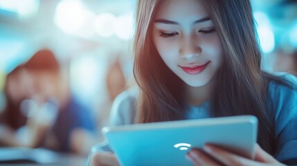A student using free WiFi on a tablet at a community center, close up, focus on bridging the digital divide, realistic, overlay, urban learning hub backdrop