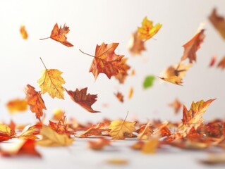 Fototapeta premium Falling Autumn Leaves Dance Gently on a Breezy Day, Autumnal Colors