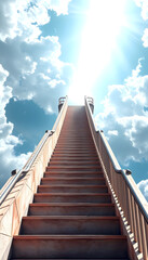 Stairway Leading Up To Heavenly Sky Toward The Light, hyperrealism, with white tones