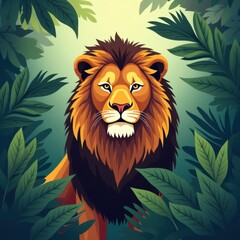 Majestic Lion in Jungle Setting Artistic Style Natural Habitat Wildlife Illustration for Posters Print Design with Vibrant Colors Bold Tones Capturing Strength Beauty of Nature