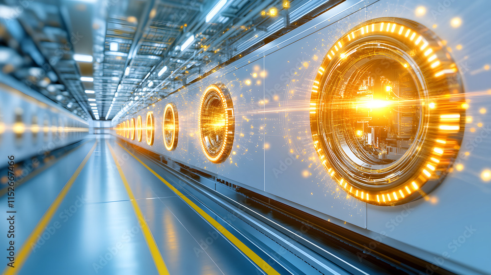 Poster futuristic corridor with glowing circular lights and a sleek design