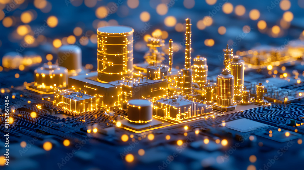 Poster digital representation of an industrial cityscape with glowing elements on a circuit board