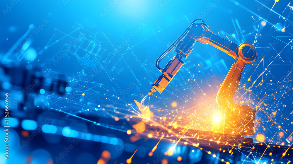 Poster Robotic arm working with sparks and digital elements in a futuristic setting