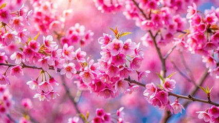 Fototapeta premium Beautiful pink Wild Himalayan Cherry blossoms in full bloom , Wild Himalayan Cherry, Thai Sakura flower, pink, blossoms, spring
