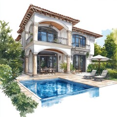 Fototapeta premium Mediterranean Villa with Pool, Watercolor - Watercolor illustrations