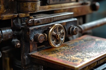Close-up of antique printing press, intricate details visible. Image depicts vintage craftsmanship and industrial heritage, ideal for projects related to history, printing, or technology.