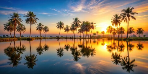 Obraz premium of a tranquil oasis sunset landscape with palm trees and a tranquil lake, oasis, sunset, landscape, background,palm trees, lake
