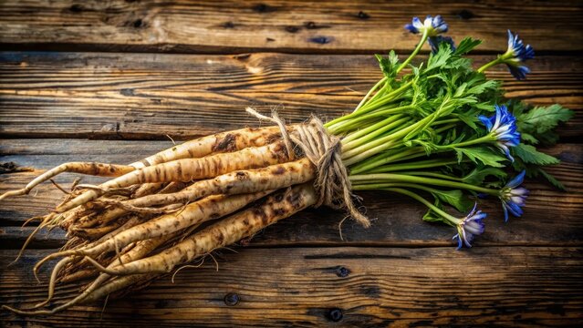 Fresh wild chicory root on a rustic wooden table, wild, chicory, succory, root, fresh, organic, natural, rustic, wooden, table