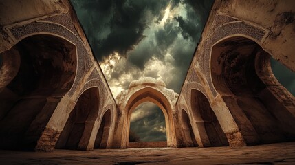 A dramatic view of an ancient architectural structure under a stormy sky.