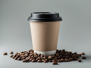 A disposable coffee cup with a black lid placed on a bed of coffee beans.