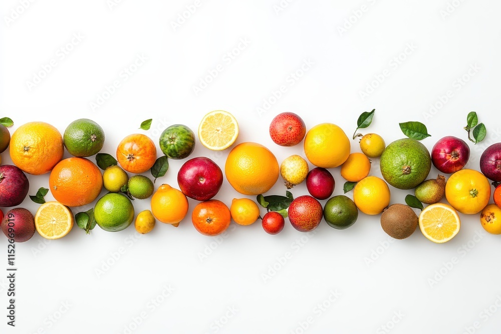 Poster colorful citrus fruits and pomegranates arranged in a row on white background.