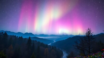Spring Forest Mountain River in Nebula Starry Night