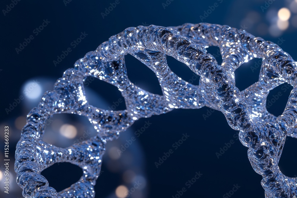 Poster close-up of a translucent, helix-shaped dna strand against a dark blue background with bokeh lights.