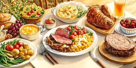 Cozy Watercolor Table Setting with Delicious Food