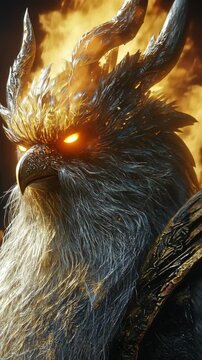 Majestic fire-bird creature stands tall with glowing eyes amidst a fiery backdrop in a fantasy realm