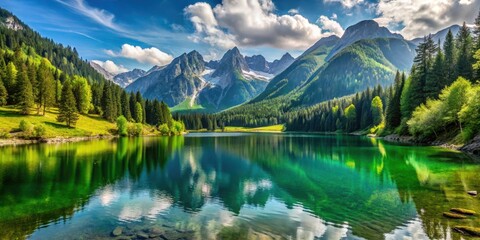 Mountain lake surrounded by lush green forest and towering mountains in Austria, Leopoldsteinersee, Styria, Austria, lake