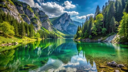 Fototapeta premium Mountain lake in Styria, Austria surrounded by lush forests and rocky cliffs, Leopoldsteinersee, Austria, mountain lake