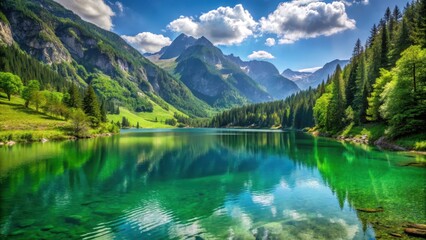 Fototapeta premium Beautiful green lake surrounded by lush mountains in Austria , Gr?ner See, Green Lake, Styria, Austria, tourism
