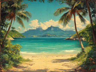 Tropical beach path, turquoise water, palm trees.