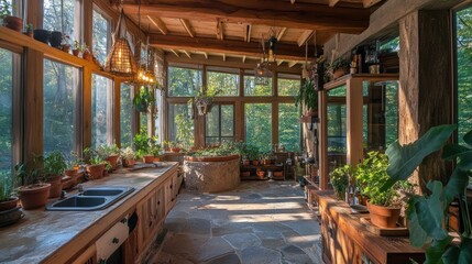 Fototapeta premium Sunlit indoor garden room with stone floor, wooden cabinets, and numerous plants.