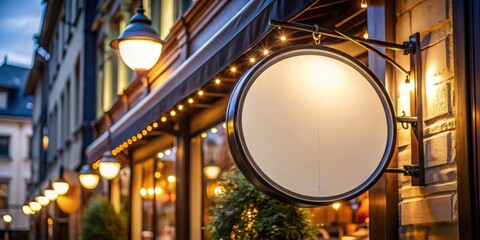 Fototapeta premium Round lightbox glowing sign hanging outside a cafe at night , cafe, mockup, illumination, light, nighttime