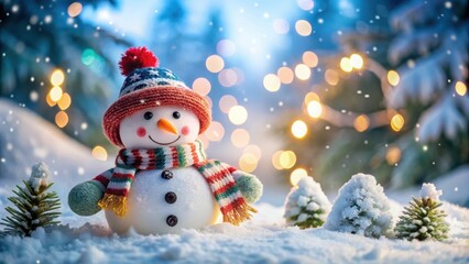 Fototapeta premium Cheerful snowman standing in a winter landscape with festive decorations, snow, snowman, winter, festive, Christmas, holiday