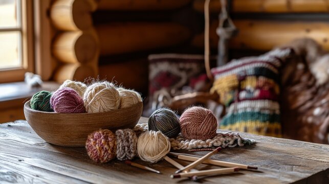 A cozy knitting session in a warmly decorated cabin, Yarn and knitting needles set for crafting, Handcrafting style