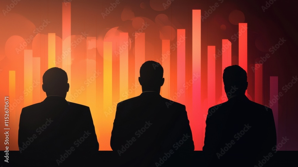 Poster silhouettes of three individuals against a vibrant, colorful background featuring abstract bar graph