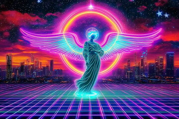 A celestial angel with glowing neon wings stands on a radiant grid, framed by vibrant retrowave colors and a futuristic cityscape under a cyberpunk sunset