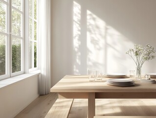Sunlit minimalist dining room with wooden table, plates, glasses, and flowers near window.